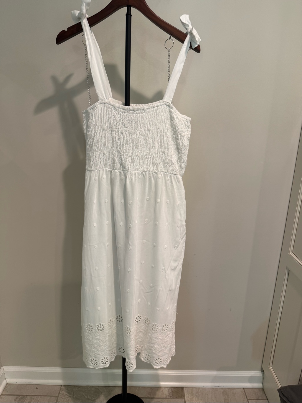 White Eyelet Tie-Shoulder Midi Summer Dress Size Xl Poolside Euro Tropical Beach
